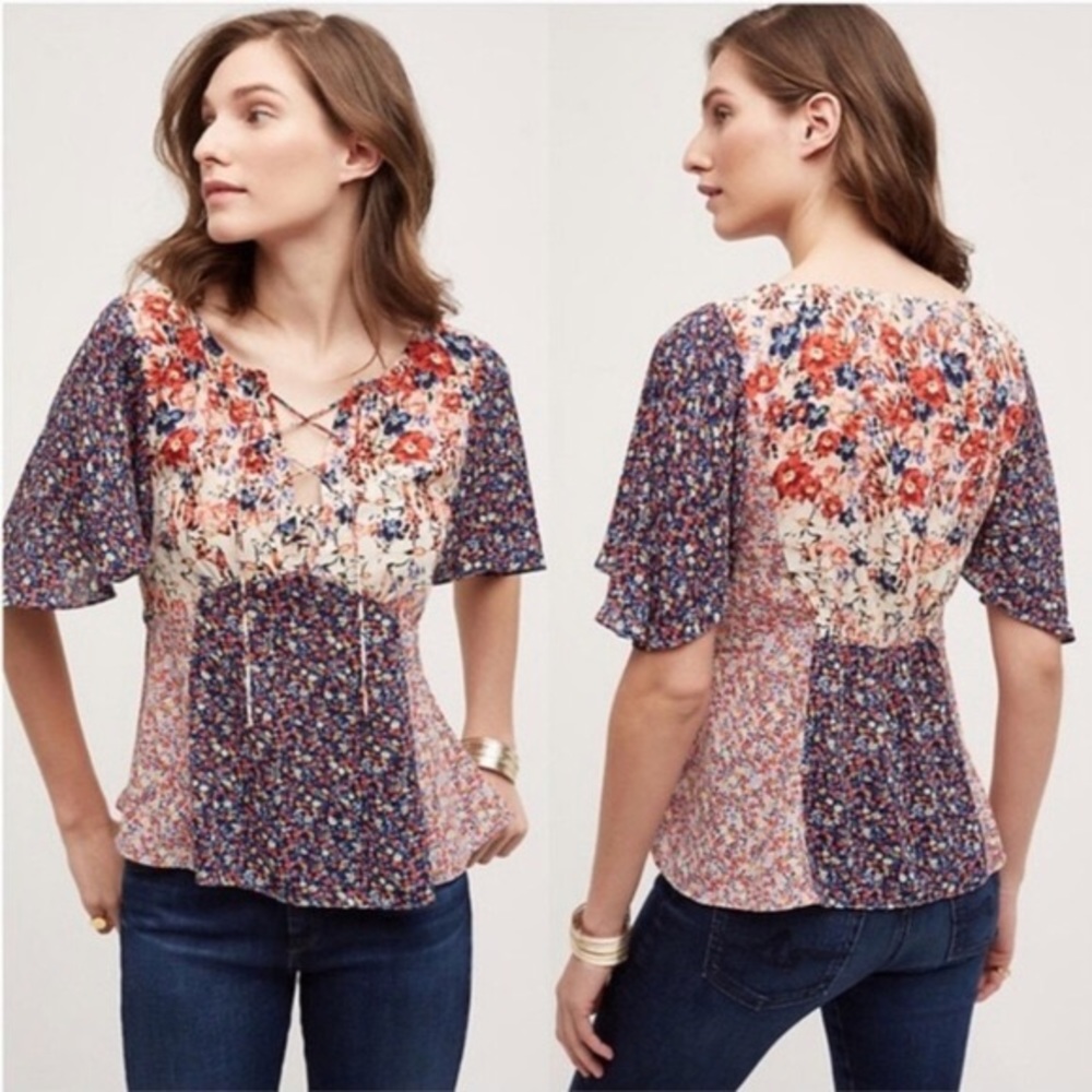 Anthropologie HD Paris Floral Lace Up Blouse
